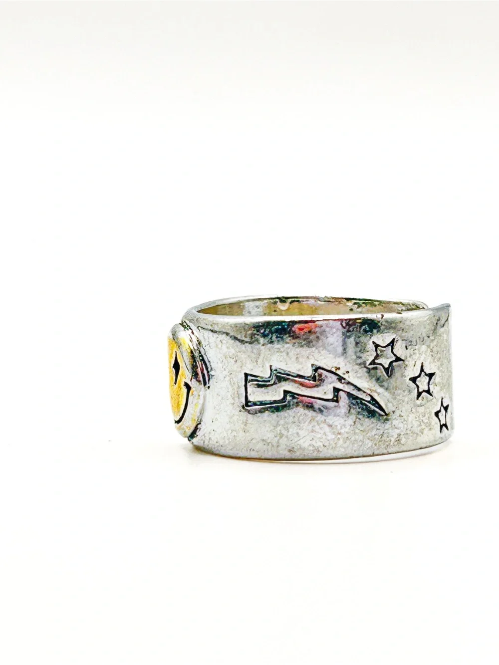 S925 Sterling Silver Smiley Face Adjustable Ring | Lightning Bolt Star Wide Band